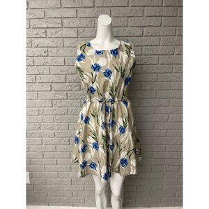 Yull Women Floral Linen Short Sleeve Round Neck Mini Dress Size 8